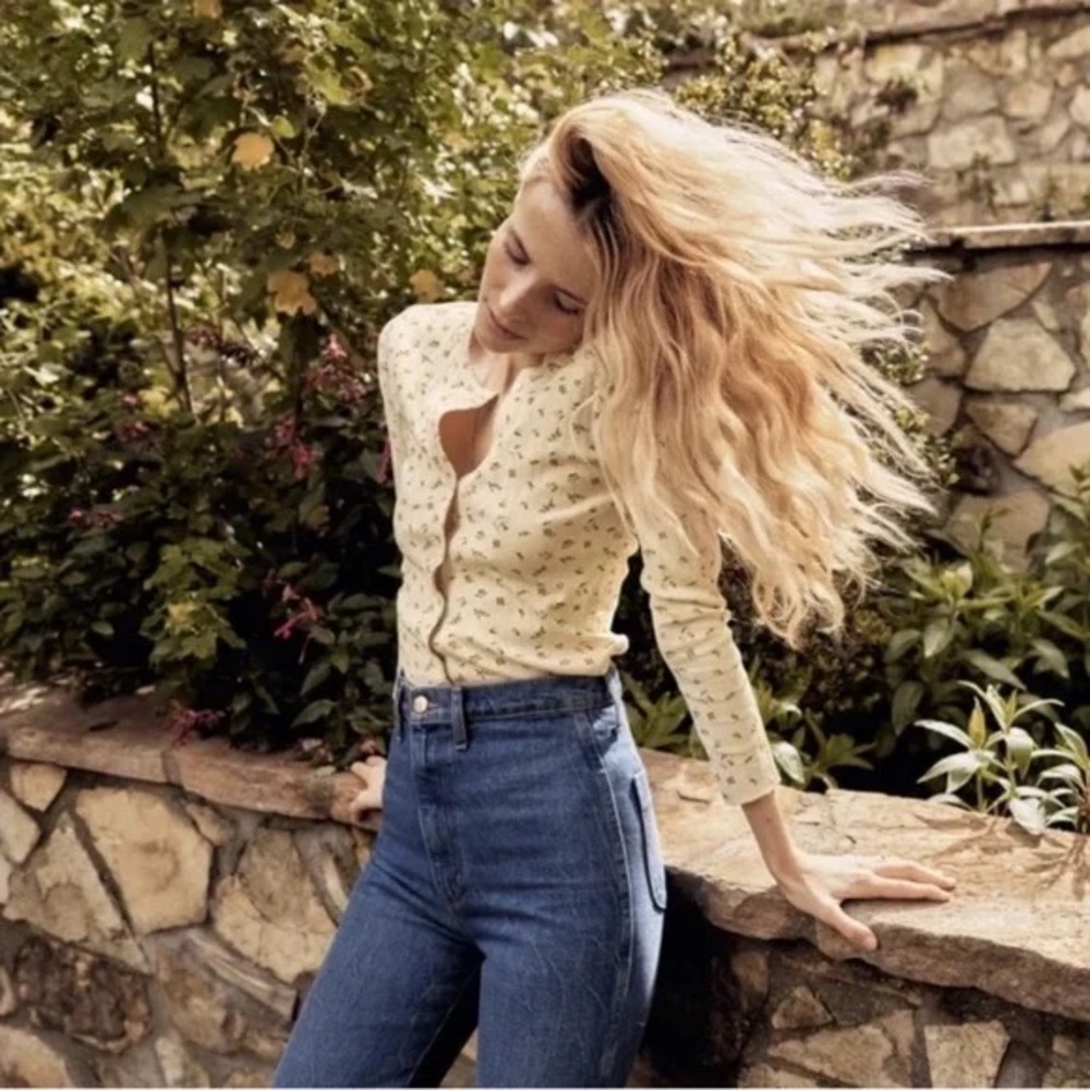 Doen Amelie Yellow Floral Pointelle Buttoned Top